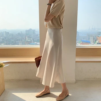 JXMYY 2002 naują stilių rudens mados temperamentas šilkiniai satino puošmena tekstūros blizgesio pusė ilgio sijonas vidutinio ilgio sijonas moterims
