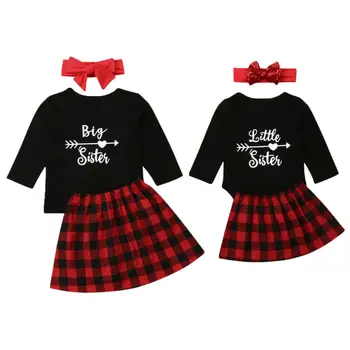 Kalėdos 3PCS Big Little Sesuo Atitikimo Apranga Topai T-Shirt Baby Girl Romper+Sijonas+Lankelis Šalies Kūdikių Drabužių Rinkinys