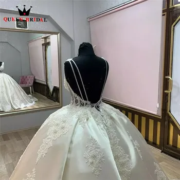 Kamuolys Suknelė Vestuvių Suknelė Reljefiniai Ilgai Traukinio Satino Nėriniais Appliques Prabangos Nekilnojamojo Nuotraukos Vestuvių Suknelės Pritaikyti JZ11
