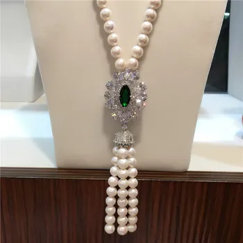 Karšto parduoti Gamtinių 8-9mm gėlavandenių perlų balta ilgi karoliai Megztinis grandinės kutas Micro apdaila cirkonis užsegimas bižuterijos