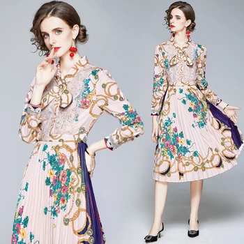 Kilimo Ir Tūpimo Tako Peteliškę Elegantiška Suknelė 2020 M. Rudenį Moterys Prašmatnus Gėlių Spausdinti Nėrinių Kratinys Ilgomis Rankovėmis Vidurio Blauzdos Plisuotos Suknelė Rožinės Spalvos