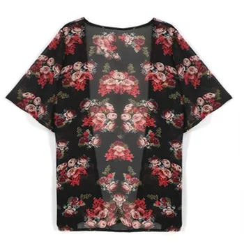 Kimono T-marškinėliai Moterims Atsitiktinis Derliaus Cardigan Ponios 2020 M. Vasarą Ilgai Nėrimo Šifono preto Prarasti floros spausdinti Viršūnes Juoda
