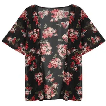 Kimono T-marškinėliai Moterims Atsitiktinis Derliaus Cardigan Ponios 2020 M. Vasarą Ilgai Nėrimo Šifono preto Prarasti floros spausdinti Viršūnes Juoda