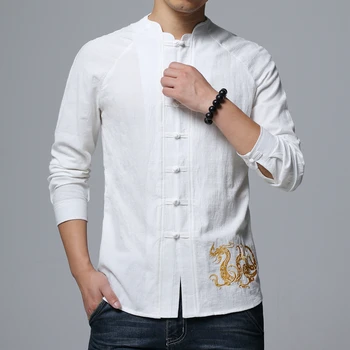 Kinijos Retro Stiliaus Grynos Spalvos, Siuvinėta vyriški ilgomis Rankovėmis Marškinėliai S M L XL 2XL 3XL Baltas juodas Slim Mados Vyrams, Atsitiktinis Marškinėliai