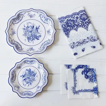 Kinų stiliaus anniversaire gimtadienio apdailos suaugusiųjų mėlyna balta popieriaus, porceliano plokštė, Vienkartiniai indai, šalies prekių
