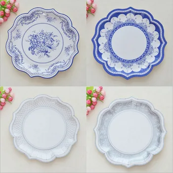 Kinų stiliaus anniversaire gimtadienio apdailos suaugusiųjų mėlyna balta popieriaus, porceliano plokštė, Vienkartiniai indai, šalies prekių