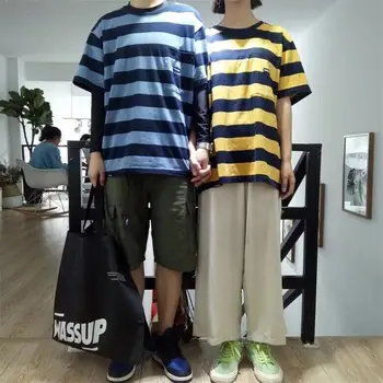 Korėjos Harajuku Stilius Dugno Marškinėliai Violetinė Juoda Dryžuota Studentų Prarasti Mylėtojų Drabužius trumpomis Rankovėmis Vyras Moteris TideT-shirt Viršų