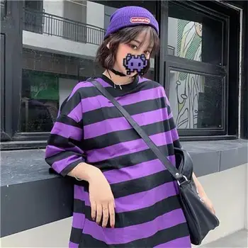 Korėjos Harajuku Stilius Dugno Marškinėliai Violetinė Juoda Dryžuota Studentų Prarasti Mylėtojų Drabužius trumpomis Rankovėmis Vyras Moteris TideT-shirt Viršų