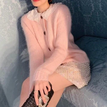 Korėjos Mados Drabužių 2020 M. Rudens Žiemos Elegantiškas Nėrinių Kratinys Deimantų Cardigan Moterų Atsitiktinis Rožinė/Balta Megztas Megztinis