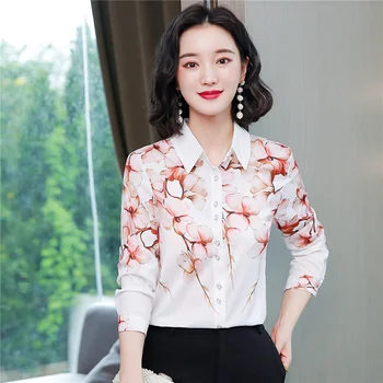 Korėjos Mados Šilko Moterų Satin Palaidinės ilgomis Rankovėmis Marškinėliai moterims Dot Modelis Office Lady Blusas Largas Plius Dydis Moterų Topai