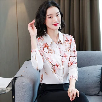 Korėjos Mados Šilko Moterų Satin Palaidinės ilgomis Rankovėmis Marškinėliai moterims Dot Modelis Office Lady Blusas Largas Plius Dydis Moterų Topai