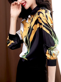 Korėjos Moterys Šilko Marškiniai, Elegantiškas Moteris Satin Palaidinės, Marškinėliai Plius Dydis Office Lady ilgomis Rankovėmis Spausdinti Moteriški Marškinėliai ir Palaidinės, Topai