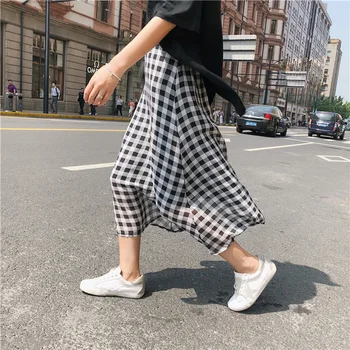 Korėjos Vasaros Moterų Sijonas Pledas Spausdinti Ilgas Streetwear Rausva Juoda Šifono Long Beach-line Šalies Aukšto Juosmens Boho Sijonai Čiuožėjas