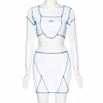 Kratinys briaunoti laiškas spausdinti moteris, dviejų dalių komplektas pasėlių viršuje mini sijonas bodycon seksualus streetwear co ord 2020 metų vasaros apranga