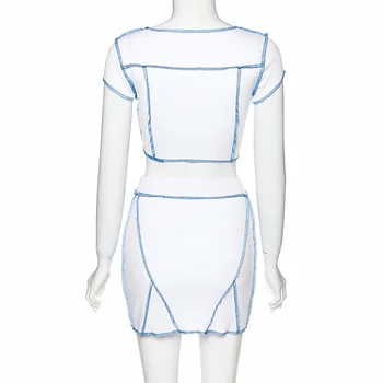Kratinys briaunoti laiškas spausdinti moteris, dviejų dalių komplektas pasėlių viršuje mini sijonas bodycon seksualus streetwear co ord 2020 metų vasaros apranga