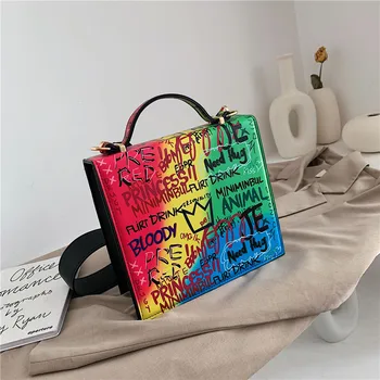 Krepšiai moterų 2020 m. rudens ir žiemos nauja asmenybė, kontrasto spalvų grafiti nešiojamų mažas kvadratas maišelį petį krepšys