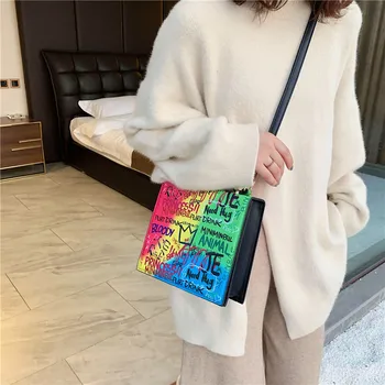Krepšiai moterų 2020 m. rudens ir žiemos nauja asmenybė, kontrasto spalvų grafiti nešiojamų mažas kvadratas maišelį petį krepšys