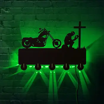 Krikščionių Dviratininkas Melstis Prie Kryžiaus Motociklo LED Apšviesta Medinės Sienos Kabliukas Raktų Kabykla Motociklų Vairuotojai, Motociklininkas Rankšluosčių Laikiklis