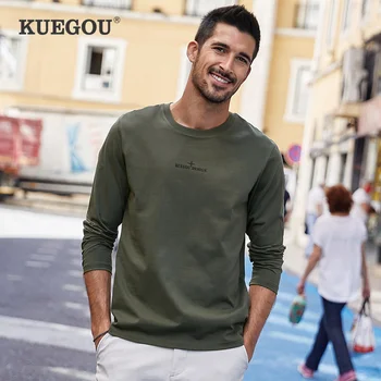 KUEGOU medvilnės drabužiai vyriški marškinėliai ilgomis rankovėmis vyrų mados marškinėlius pavasario raidėmis atspausdintas T-shirt rudenį Viršuje 3XL ZT-88005