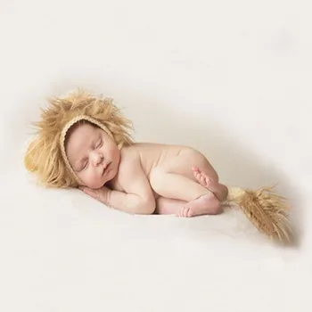 Kūdikių Liūtas Skrybėlę ir Uodegos Nustatyti Gyvūnų Stiliaus Kūdikių Kostiumas Naujagimio Foto Prekėms, Kūdikių Mielas Beanie Kepurė Nėrimo Apranga Nuotrauką Prop
