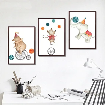 Kūrybos Cirko Gyvūnai, Meška, Dramblys Pelę, važinėjimas Dviračiu Dekoratyvinis Dažymas Vaikų Miegamąjį Kambarį Nuotrauką Drobė