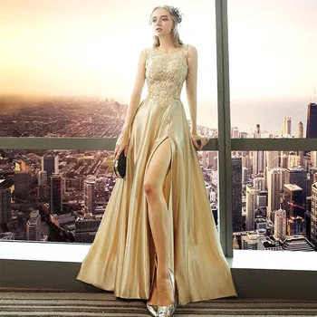 LAMYA Elegantiškas Aukso Pusėje Ritininės Satino Ilgą vakarinę Suknelę Appliques Pokylių Prom Šalis Suknelės Plius Dydžio vestido de festa