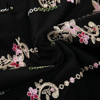 LD LINDA DELLA Mados Dizaineris Rudens Derliaus Šalis Suknelė Moterims Tiulio ilgomis rankovėmis Tuščiaviduriai iš Gėlės Siuvinėtos Midi Suknelė