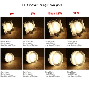 LED Kristalų Ceilng Šviesos Apvalūs/Kvadratiniai 1W 5W 12W LED Spot light 85-265V Embedded LEDCrystal Downlight Namų Virtuvės Apšvietimas