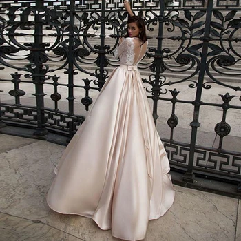 LORIE Pusė Rankovių Šampano Vestuvių Suknelės, Su Kišenėje Elegantiškas Satino Nėriniais Kamuolys Suknelė Vestuvių Suknelės Atgal iliuzija Nuotakos Suknelė