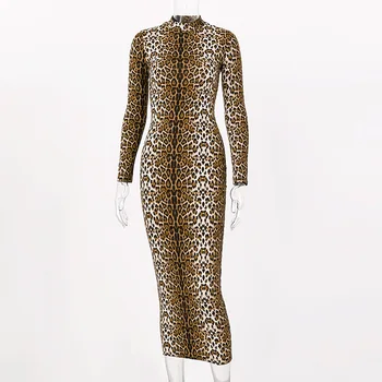 Lugentolo Seksuali Suknelė Moterims Leopard Pavasarį, Rudenį Naujų ilgomis rankovėmis Apvalios Kaklo Slim Mados Mid-Calf