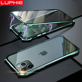 Luphie dvipusis Stiklo Magnetinės Atveju Iphone, 11 Pro Max Stiklo danga Aiškiai Atveju Iphone, 11 Pro Max Magnetas Metalo Atvejais