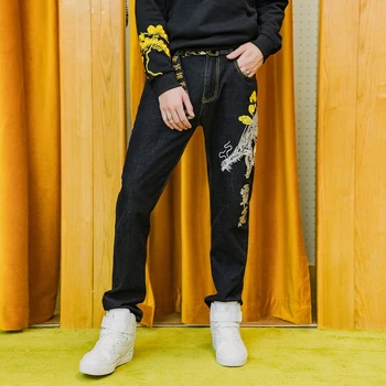 Lyprerazy Vyrų mados Kinų simbolių dragon siuvinėjimo džinsai Japonijos Vyrų Tiesūs džinsai denim kelnės ilgos kelnės