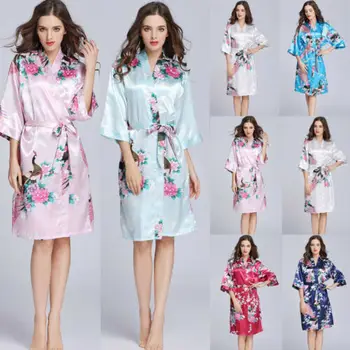 Mados 2019 Moteriški Gėlių Nėrinių Satino Chalatas Kimono Suknelė Trumpomis Rankovėmis Suknelė Babydoll Vestuves Bridesmaid Sleepwear Naujas