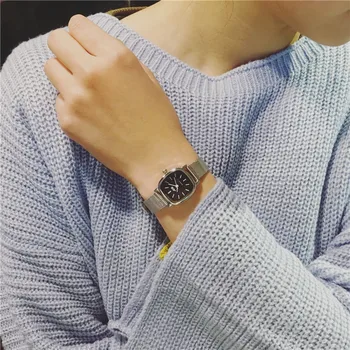 Mados aikštė dizaino nerūdijančio plieno laikrodžiai moterims, elegantiška sidabro kvarcinis laikrodis su tinklelio juostos 2018 paprasta ponios laikrodžiai