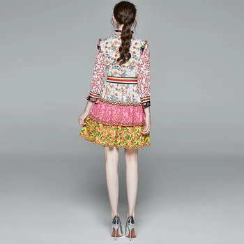 Mados Dizaineris Domino Raukiniai Sluoksnių Pyragas Suknelė Moterims Susiėmę Apykaklės Gėlių Spausdinti Dryžuotas Aukšta Juosmens Linija, Trumpos Suknelės