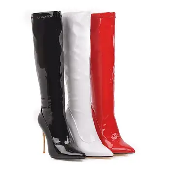 Mados Kelio ilgi Batai moteriški Žieminiai Batai Aukštos kokybės moterų batai knee-high batai raudonos 2019 žiemos nauja seksuali lakinės odos