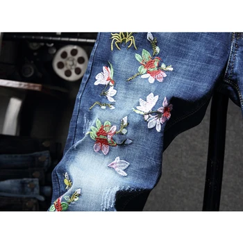 Mados Streetwear vyriški Džinsai Skinny Sunaikinta Ripped Jeans Skaldytų Punk Kelnes Siuvinėjimo Džinsai Vyrams