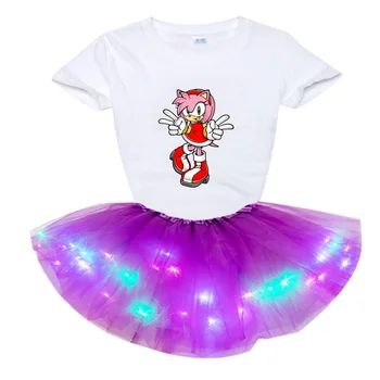 Maža Mergaitė, Vasaros Drabužių Rinkiniai Bamblys Kūdikių Drabužiai 2vnt Šviesos diodų (LED) Tutu Suknelė+Marškinėliai Mada Vaikams, Rūbai Vaikams, Sonic Amy