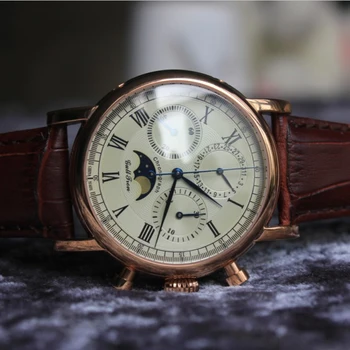 Mechaninė Chronograph Watch vyrų laikrodis Žuvėdra ST1908 Judėjimo Aukso, Nerūdijančio Plieno, Safyro Mėnulio Fazės Rankiniai Laikrodžiai vyrai