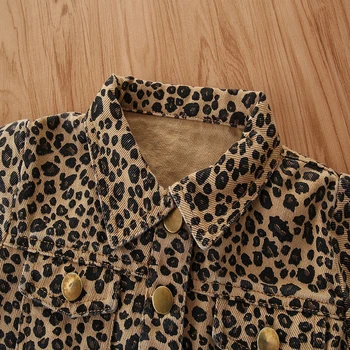 Mergaitės Pavasarį, Vasarą, Rudenį Striukė Ilgomis Rankovėmis Lankstymo Apykaklės Leopard Print Mygtuką Žemyn Dizaino Priekinės Kišenės Striukės Outwear