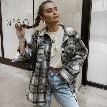 Merodi rudenį stilingas panele pledas spausdinti za ilgai outwear striukės 2020 m. moteris britų stiliaus ilgomis rankovėmis, šiltas laisvi marškinėliai striukė chic