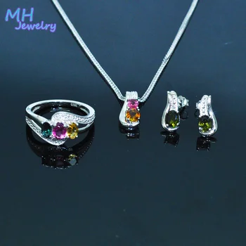 MH moterys nustatyti fine Jewelry Gamtos spalvotų turmalinas Brangakmenio žiedas, auskarai pakabukas 925 Sterlingas Sidabro vestuvės dovanų dėžutėje