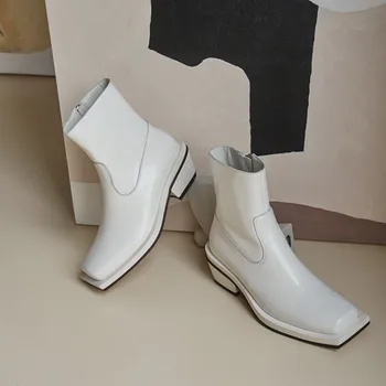 MLJUESE 2021 moterų minkštas kulkšnies batai karvės odos užtrauktukų batai žiemą trumpas pliušinis aikštėje kojų aukšti kulniukai moterų batai