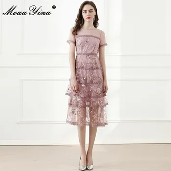 MoaaYina Mados Dizaineris suknelė Vasaros Moterų Suknelė trumpomis Rankovėmis Akių Blizgančiais Plonas Elegantiškas Suknelės