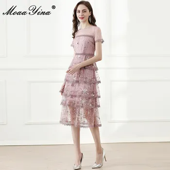 MoaaYina Mados Dizaineris suknelė Vasaros Moterų Suknelė trumpomis Rankovėmis Akių Blizgančiais Plonas Elegantiškas Suknelės