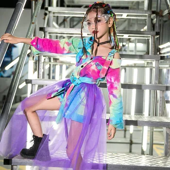 Modelis Podiumo Etape Kostiumai Mergaitėms ilgomis Rankovėmis Džiazo Šokių Suknelė Vaikams Hip Hop Dancewear Šiuolaikinių Gatvės Šokių Drabužių DQL4755