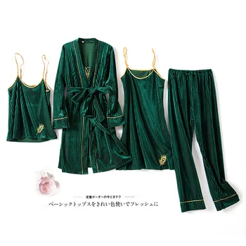 Moterų 4PCS Pižama Kostiumas Sleepwear Rudens Žiemos Minkštas Veliūras Žalia Nėriniai naktiniai drabužiai Homewear Aksomo Namų Drabužių Miego Rinkinys