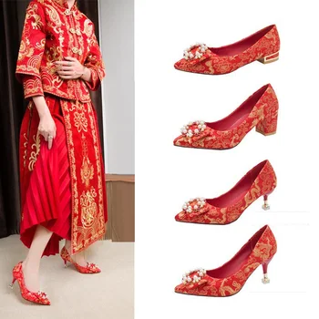 Moterų Aukštakulniai, Kinų Stiliaus Raudona Vestuvių Bateliai, Vestuviniai, Siuvinėti adatos (Stiletai) Batai
