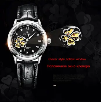 Moterų Automatinis Mechaninis laikrodis Diamond Keturių lapų Dobilų Laikrodžius Ponios Rožės Oda Žiūrėti Vandeniui Senhoras Assistir