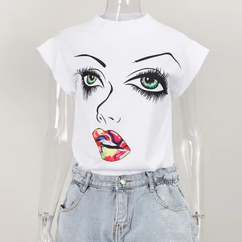 Moterų Berankovis Lūpų Spausdinti Laisvi marškinėliai Vasarą Stovėti Kaklo Streetwear Atsitiktinis Ponios marškinėliai 